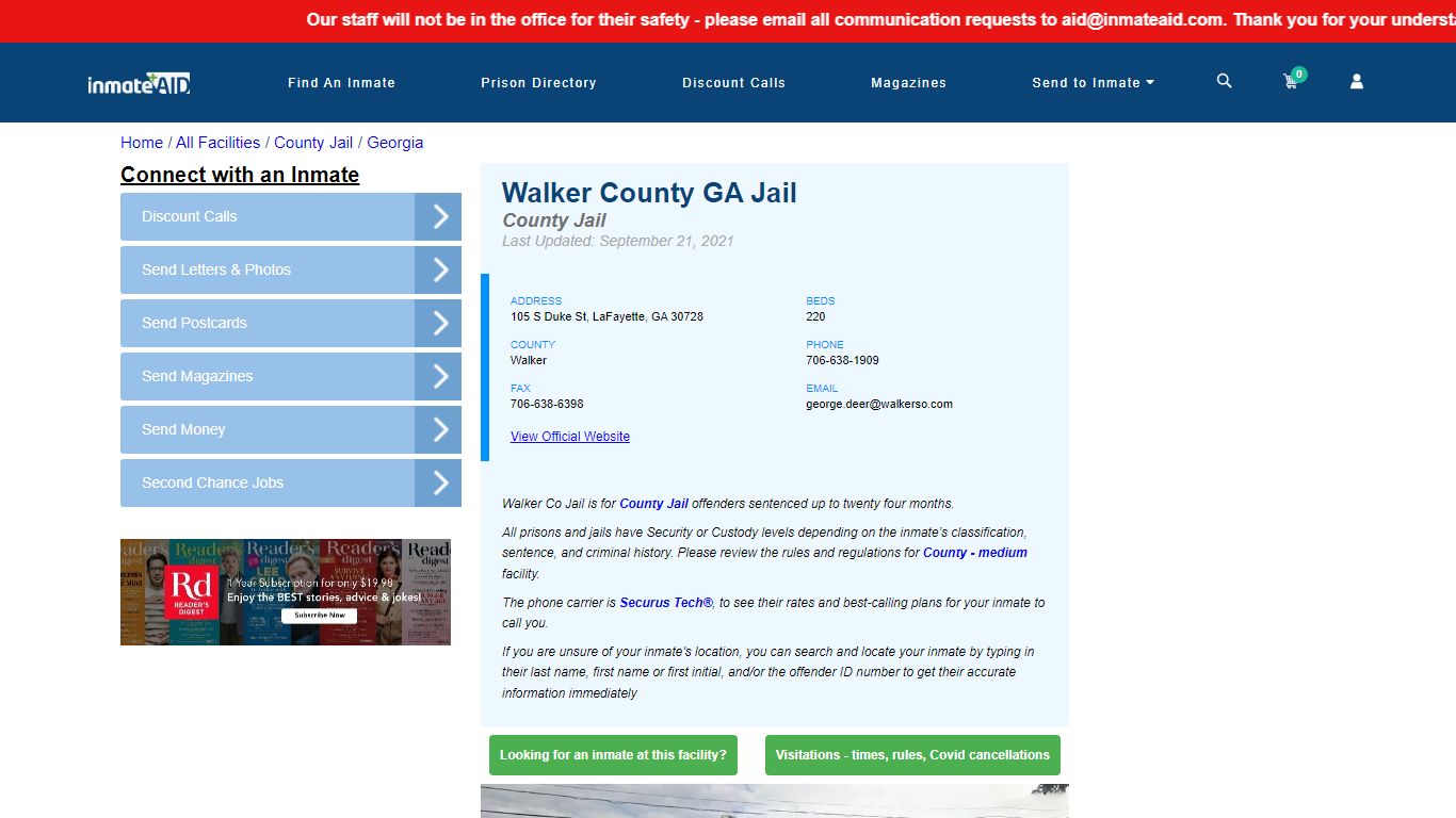 Walker County GA Jail - Inmate Locator - LaFayette, GA